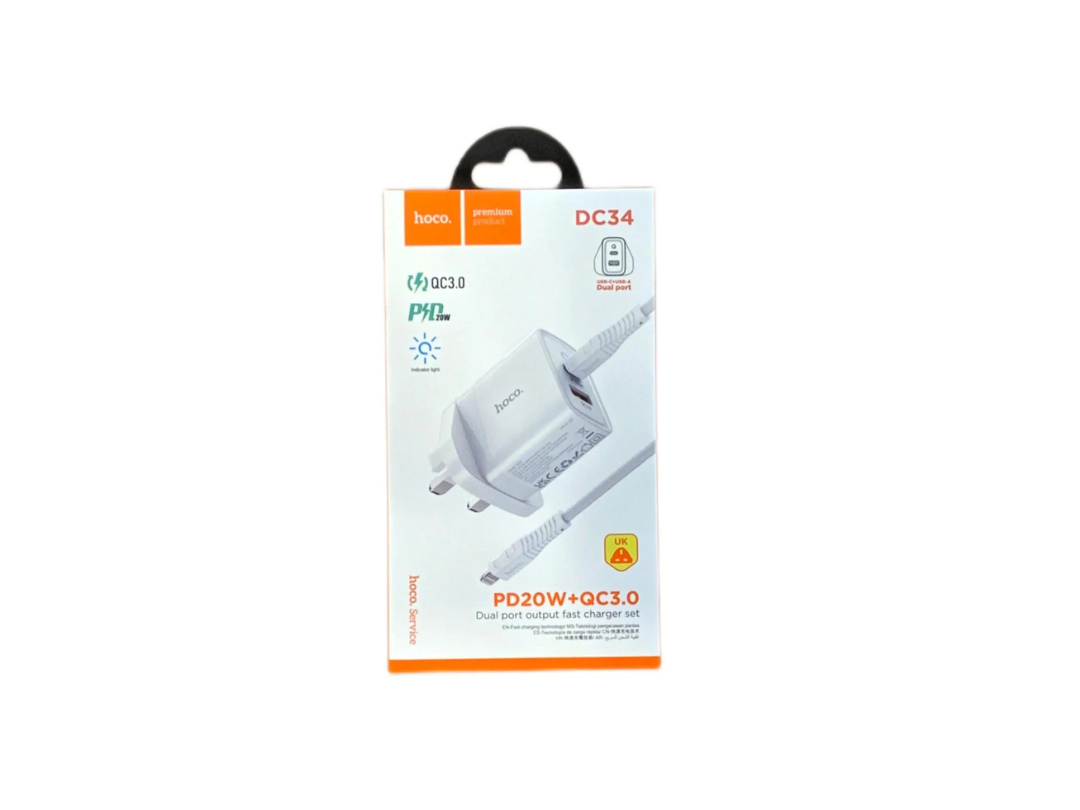 Hoco DC34 Pd20W+Qc3.0 Dual Port Output Fast Charger Set with USB Type C to Lightning Cable Hoco DC34 Pd20W+Qc3.0 Dual Port Output Fast Charger Set with USB Type C to Lightning Cable